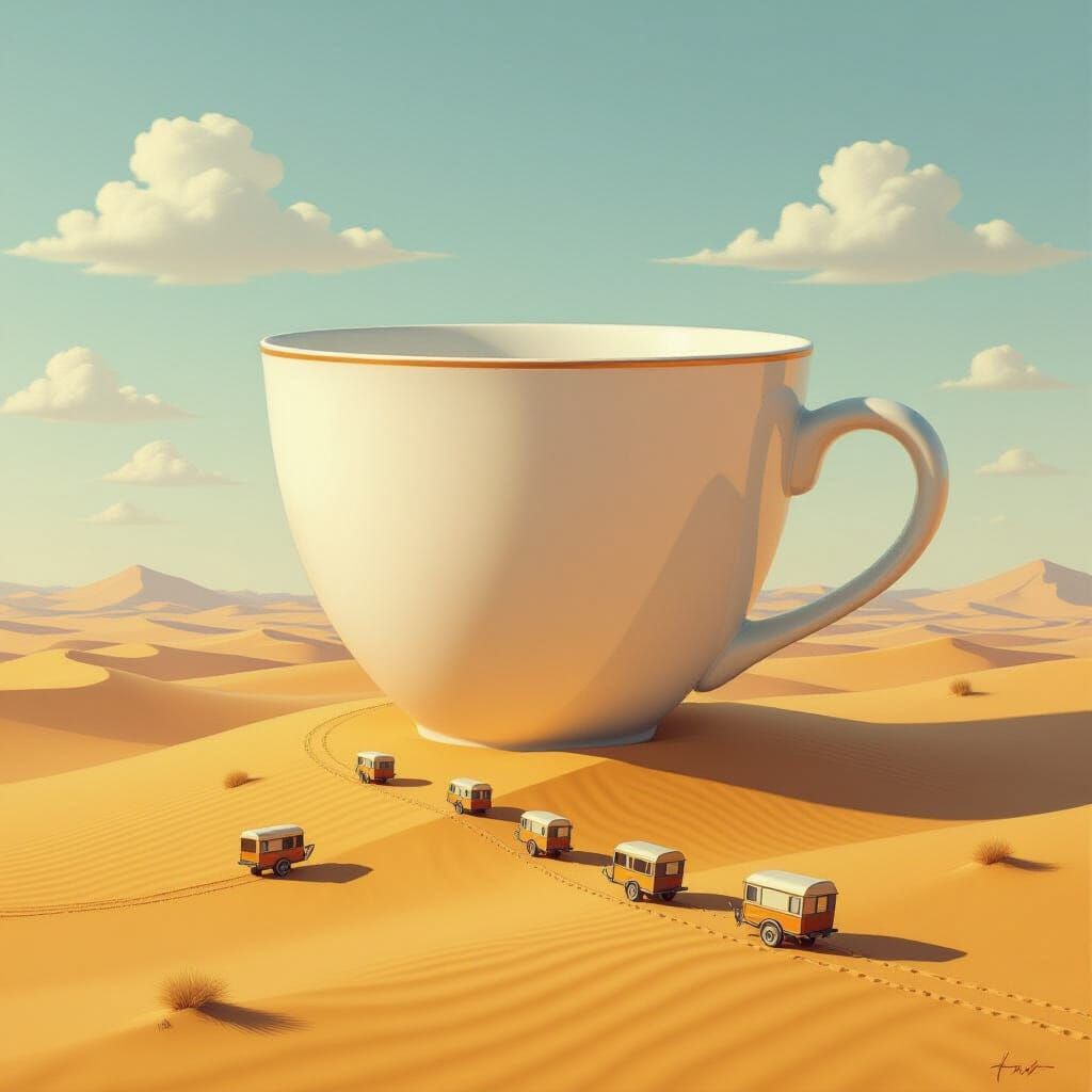 Giant Teacup in Desert Landscape with Caravans