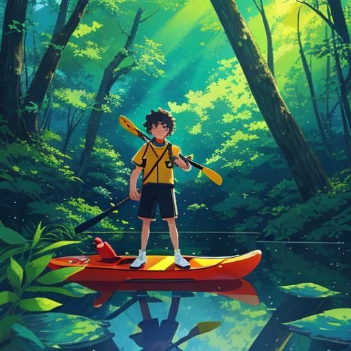 Kayaker on Serene Lake: Anime-Inspired Illustration