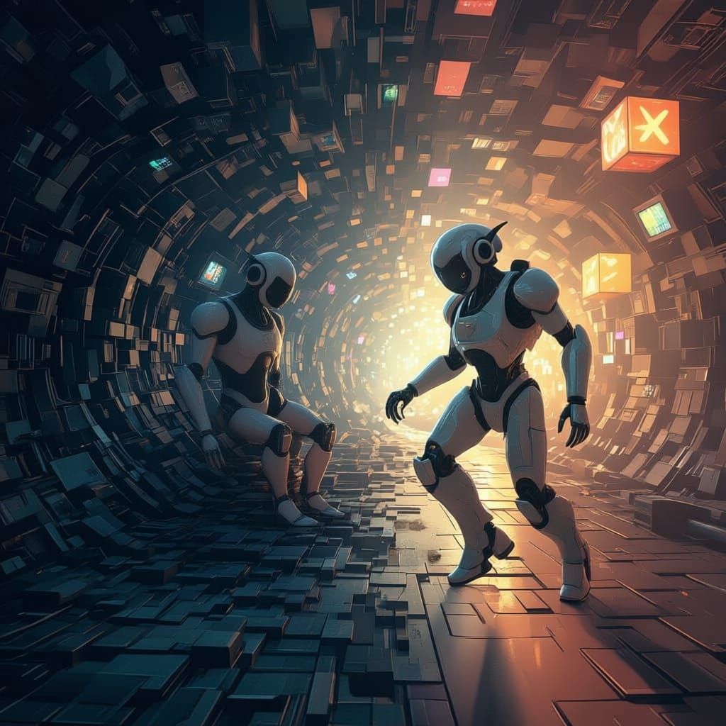 AI Robot Navigating Clean Data vs. Corrupted Systems