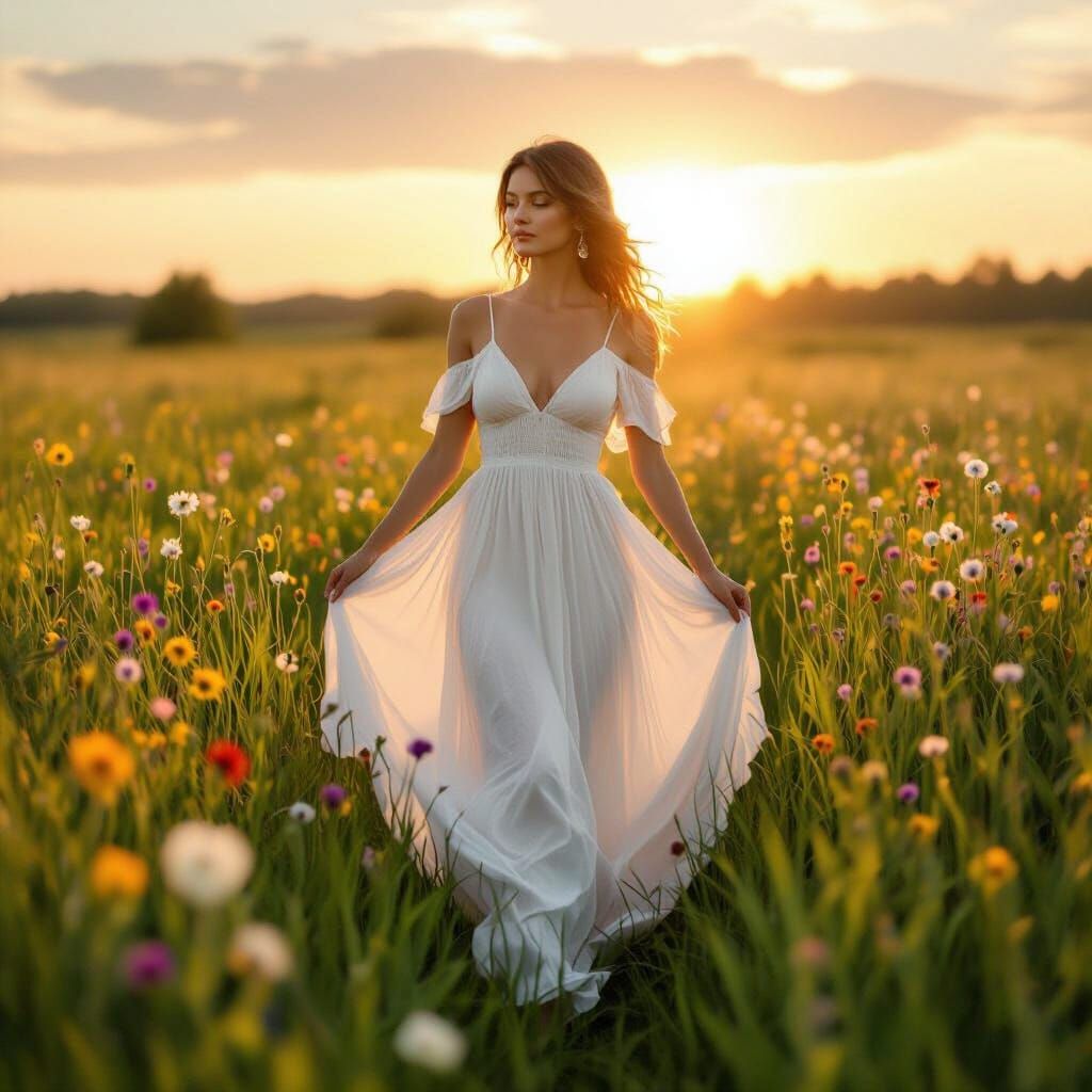 Serene Woman in Wildflower Field at Golden Hour