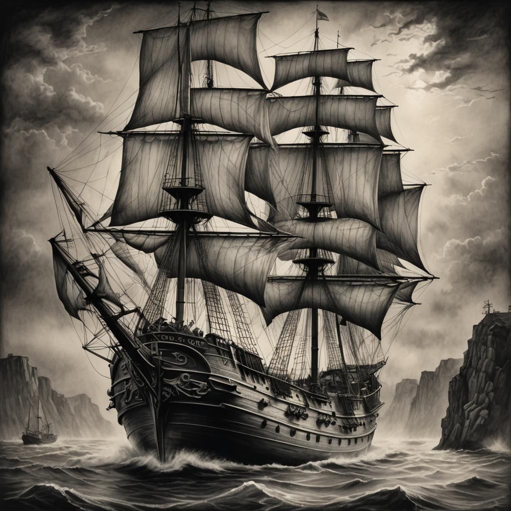 Charcoal Drawing of Historical Sailing Ship in Mist