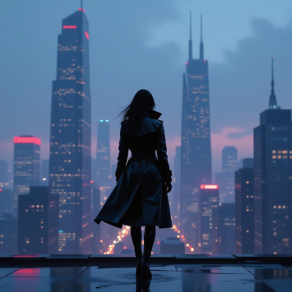 Cybernetic Woman in Neon Cityscape at Dusk