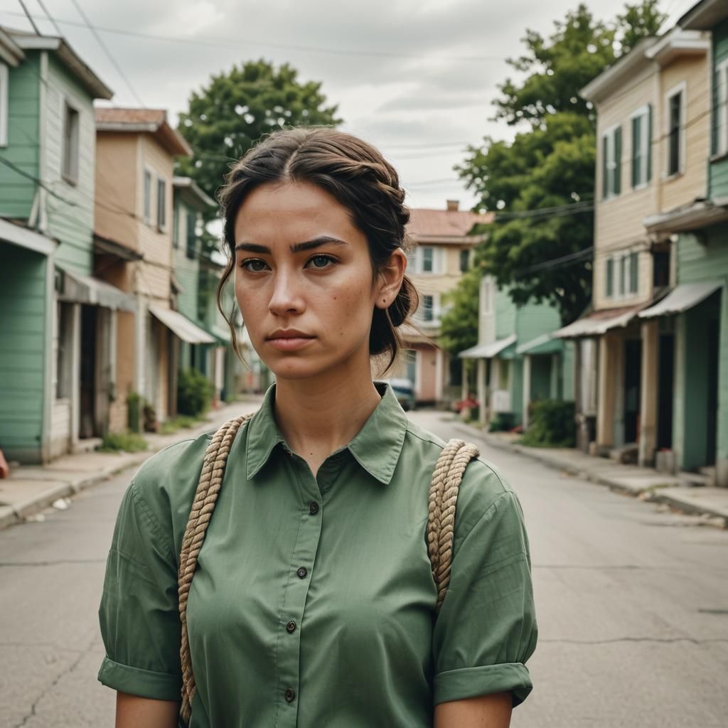 Portrait of Woman with Dark Hair on Quiet Street