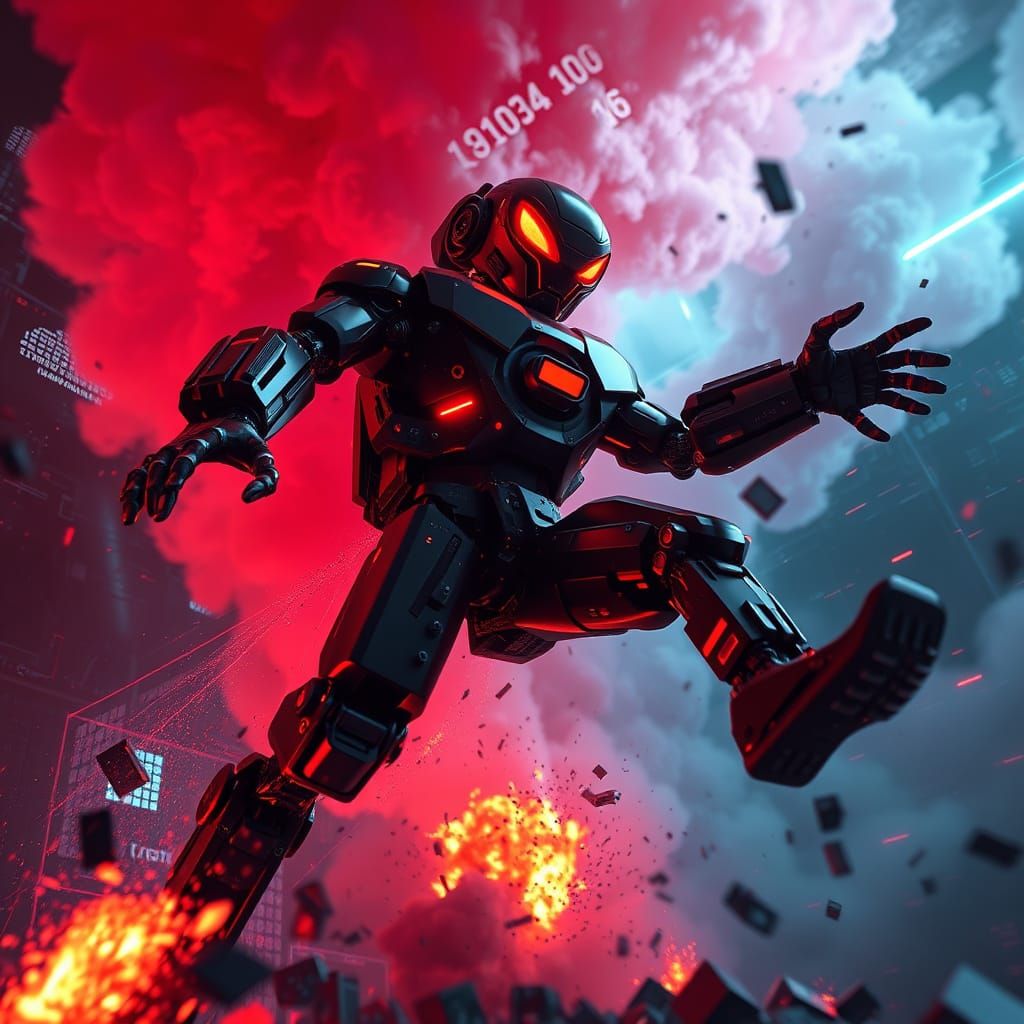 "A menacing black-and-red chatbot mid-leap, pixelated glitch...