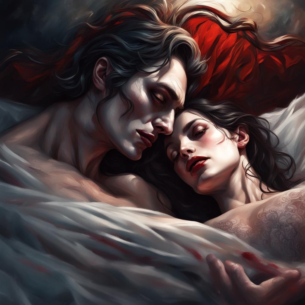 Sensual Vampire Woman in Bed, Hyperrealistic Art