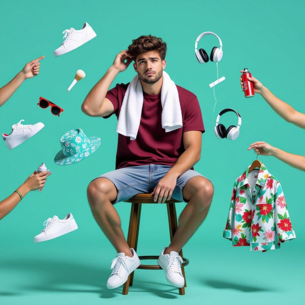 Surreal Portrait of Annoyed Man Overwhelmed by Choices