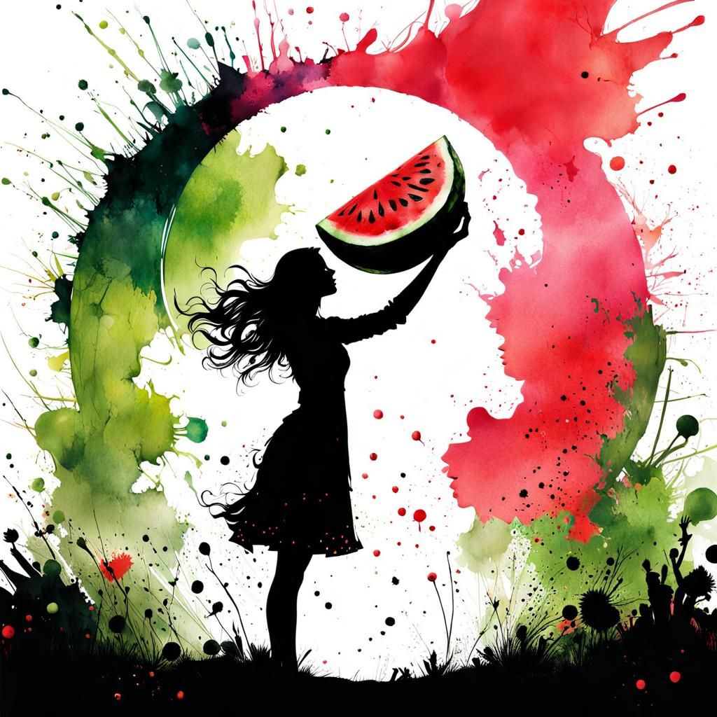 Silhouette of Princess with Watermelon: Watercolour Splash A...