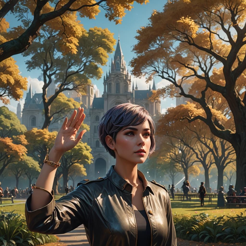 Woman Saluting in Park: Detailed Fantasy Illustration