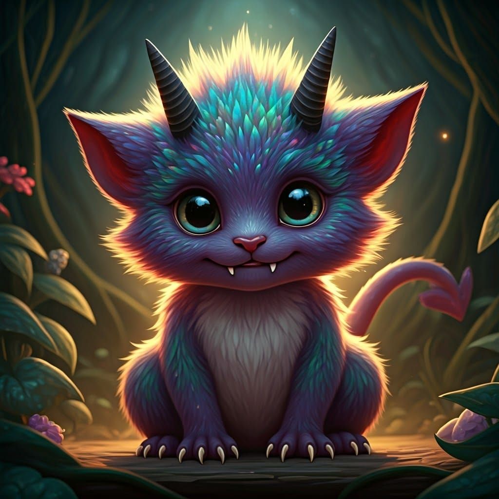 Iridescent Demon in Mystical Forest, Fantasy Concept Art