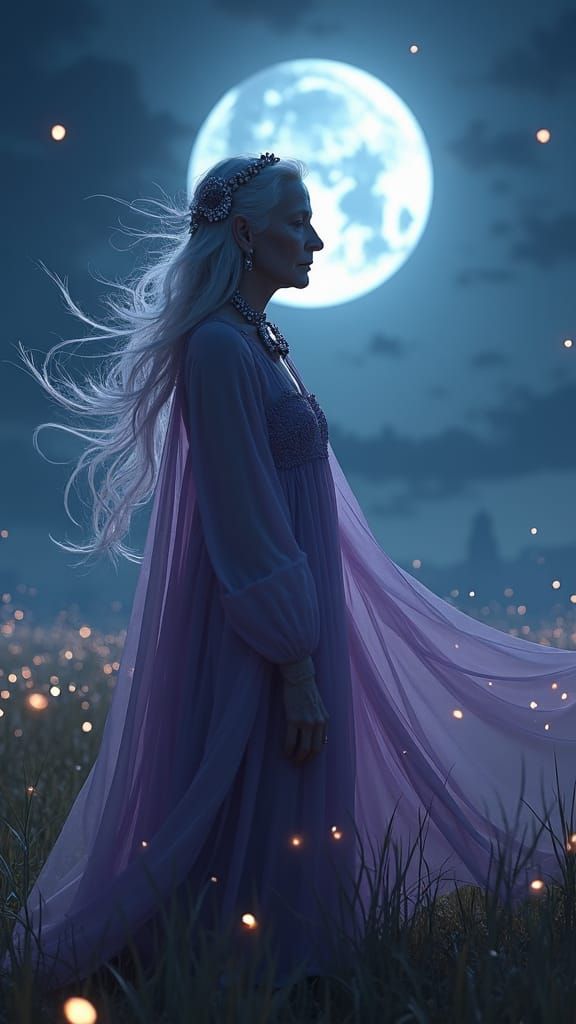 Ethereal Woman on Moonlit Grassland, Digital Art