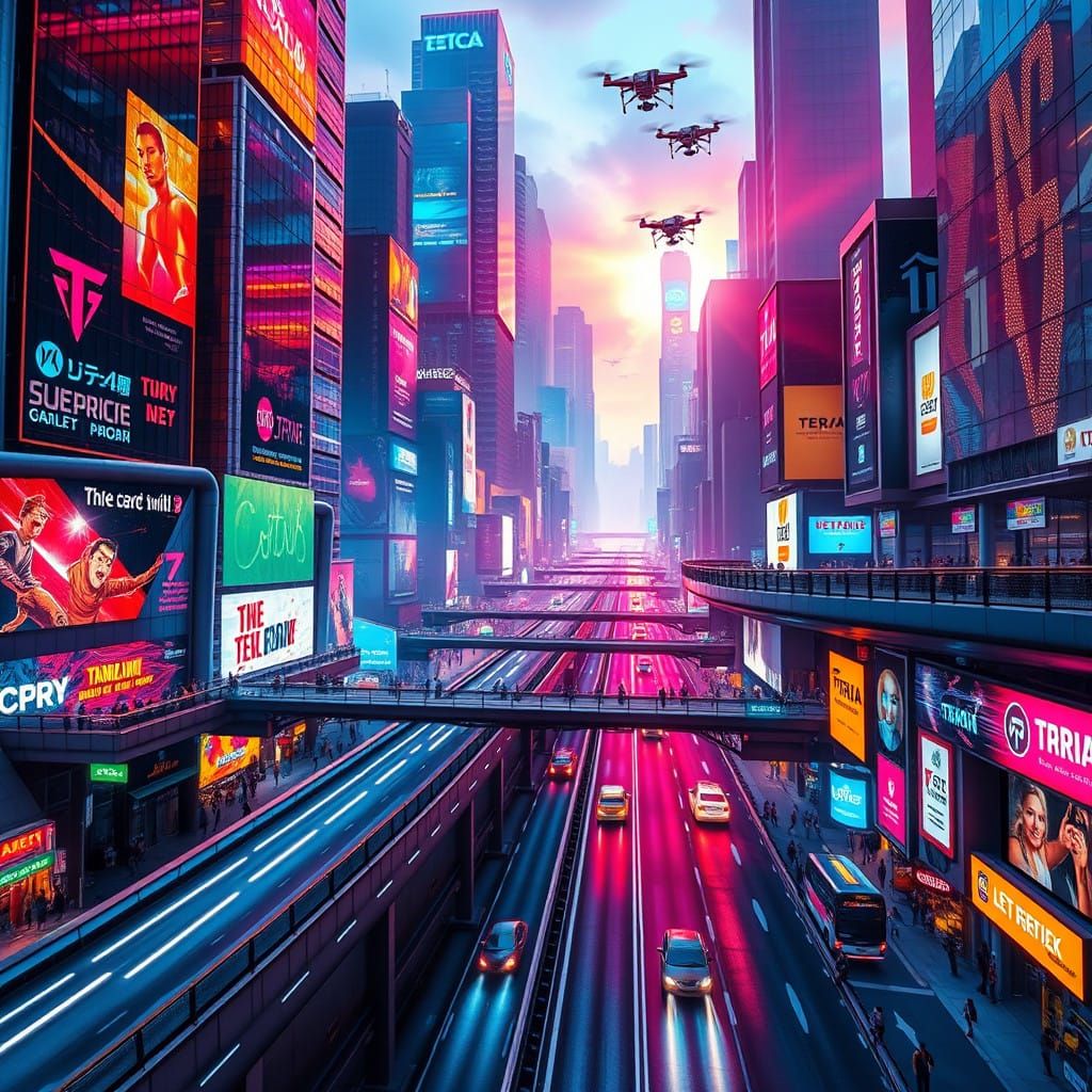 Gritty Futuristic Cityscape in Neon-Lit Cyberpunk Style