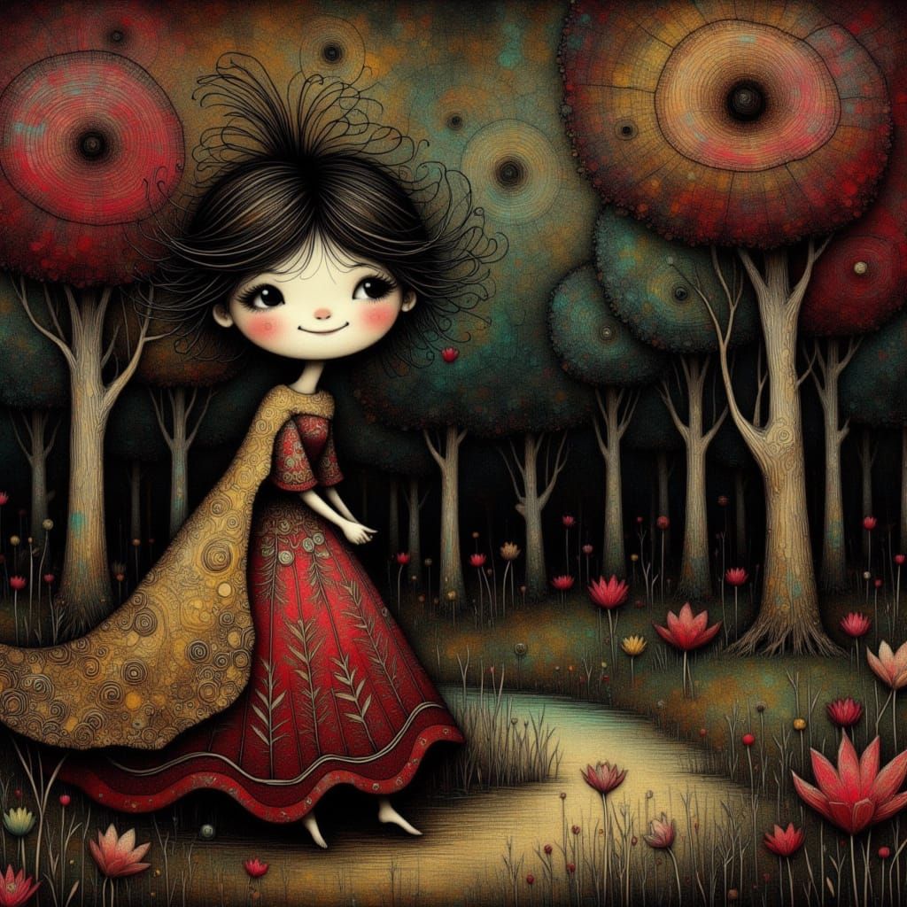 <lora:Whimsical Whispers:1.0> lonely wanderer, brocade cape, dark floral forest, Alphonse Mucha, Simonetti atmospheric