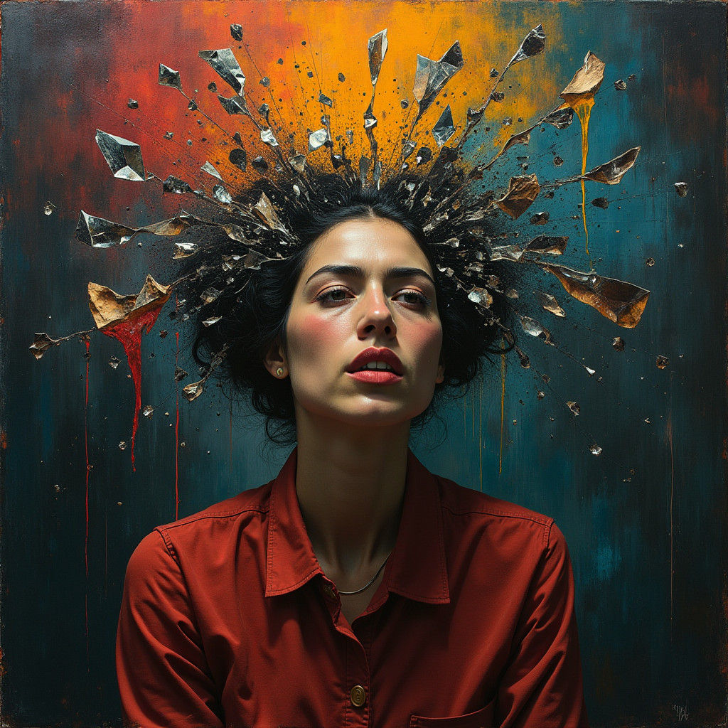 Contemplative Woman in Emotional Turmoil: Abstract Portrait