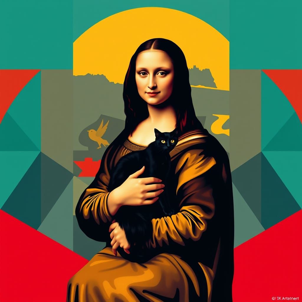 Mona Lisa with Black Cat in Pop Art Style