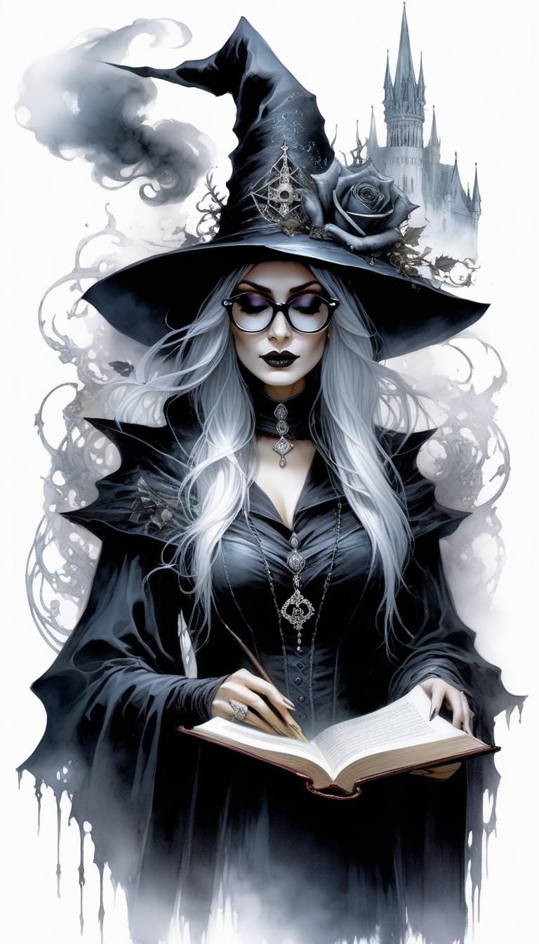 Academic Gothic Witch Reading in Ethereal Library