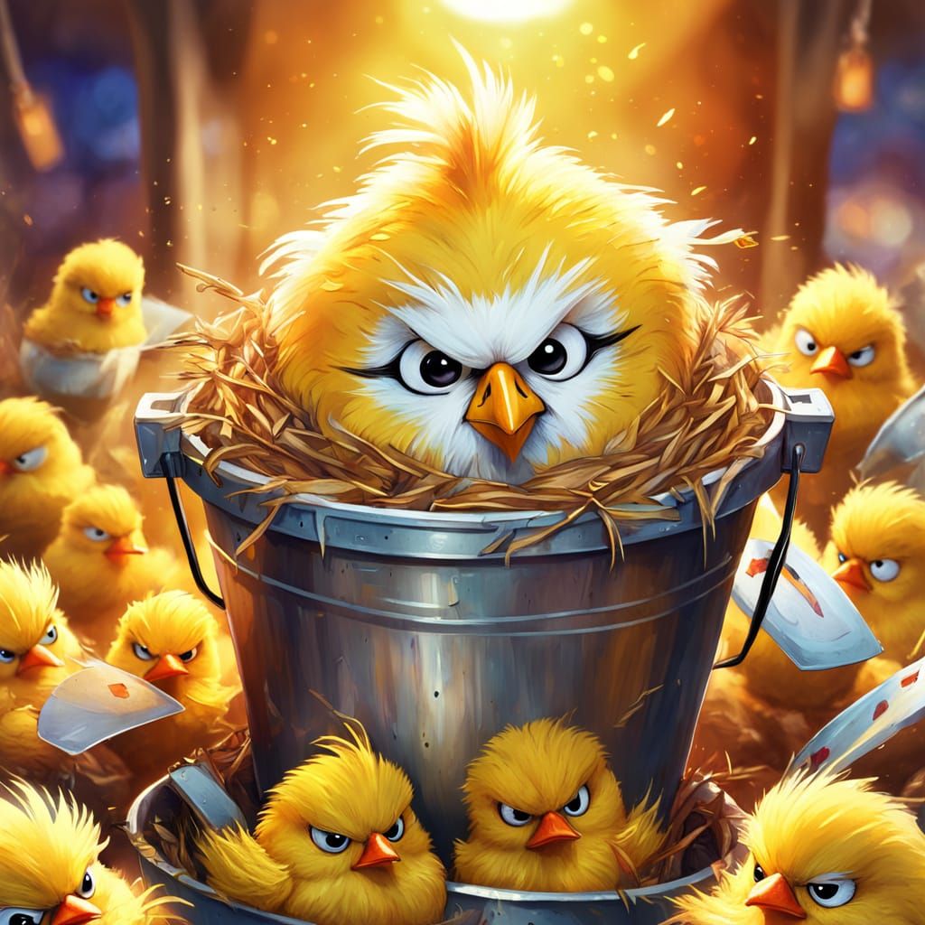 Grumpy Chick Nests in KFC Bucket: Digital Art
