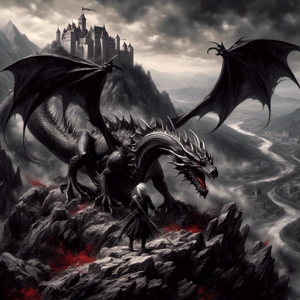 Knight Battles Dragon Near Castle