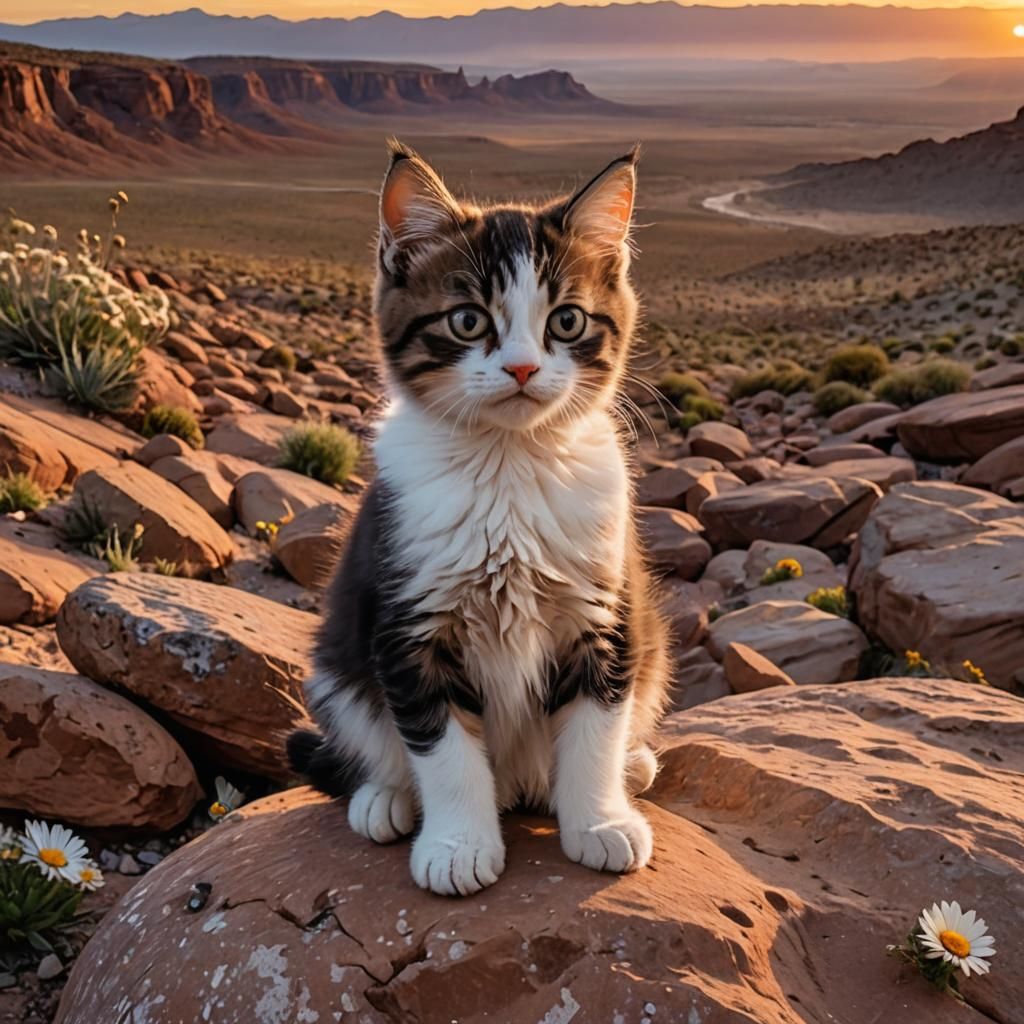 Grumpy Kitten at Desert Sunset, Photorealistic