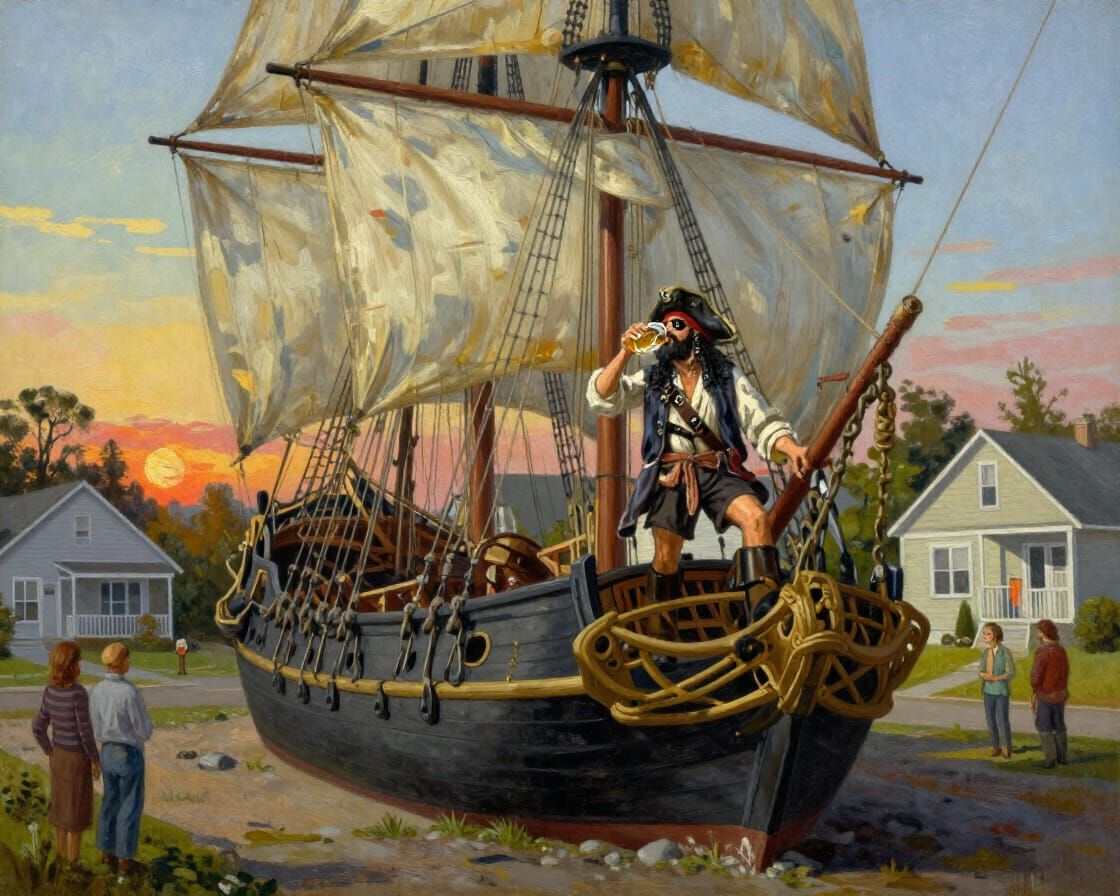 Pirate Ship in Suburbia: Surreal Oil Painting