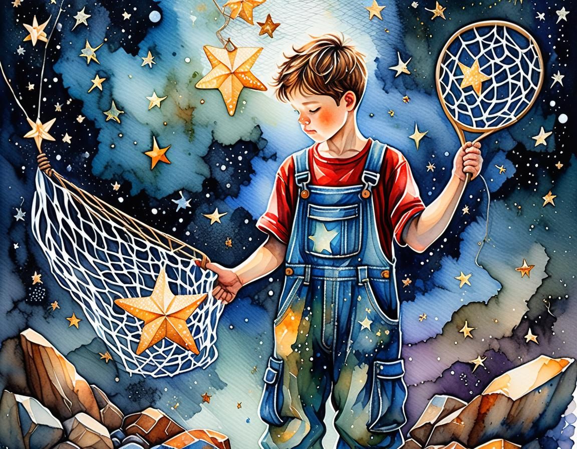 Boy Collecting Stars: Watercolor and Alcohol Ink Art