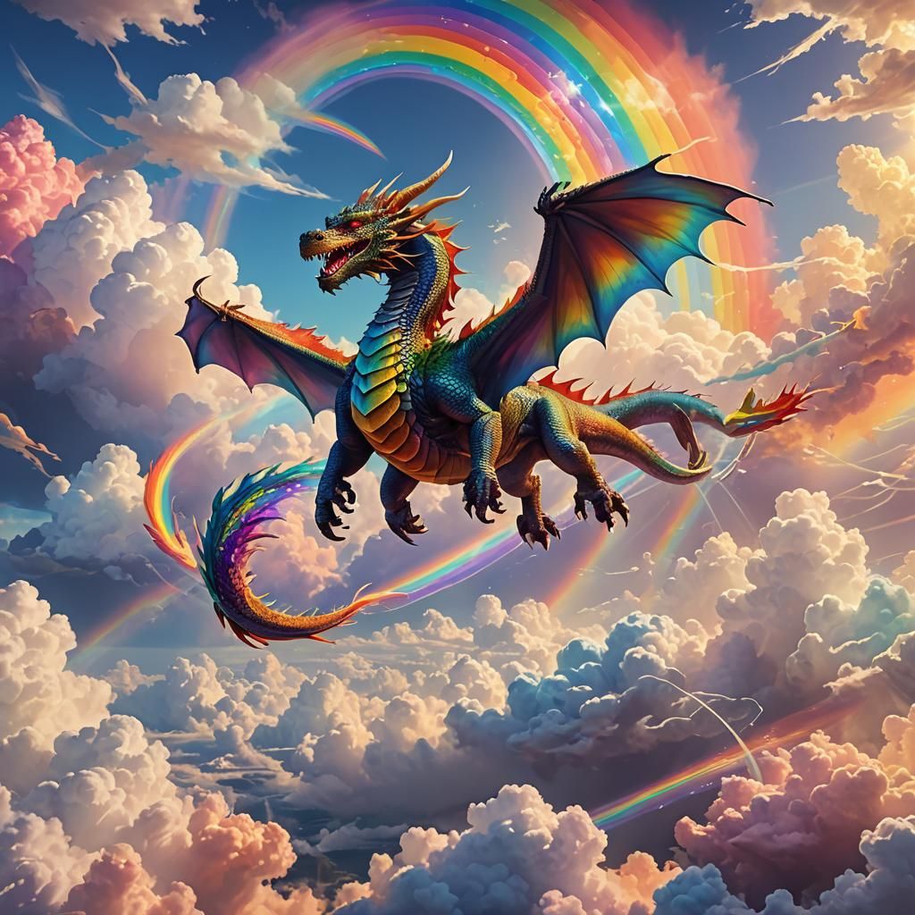 Dragon Flight Over Rainbow in Digital Fantasy Art