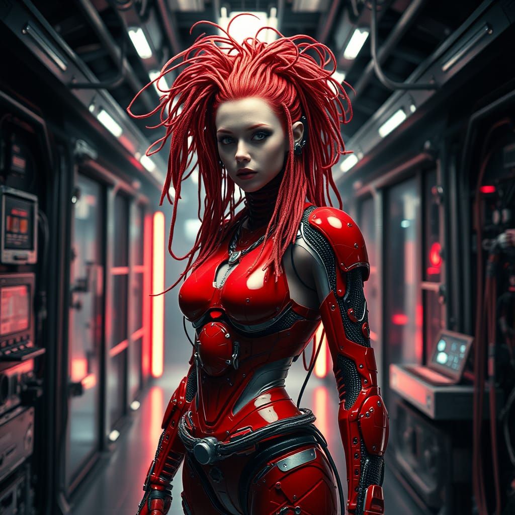 Red-Haired Cyborg in Futuristic Lab, Karol Bak Style
