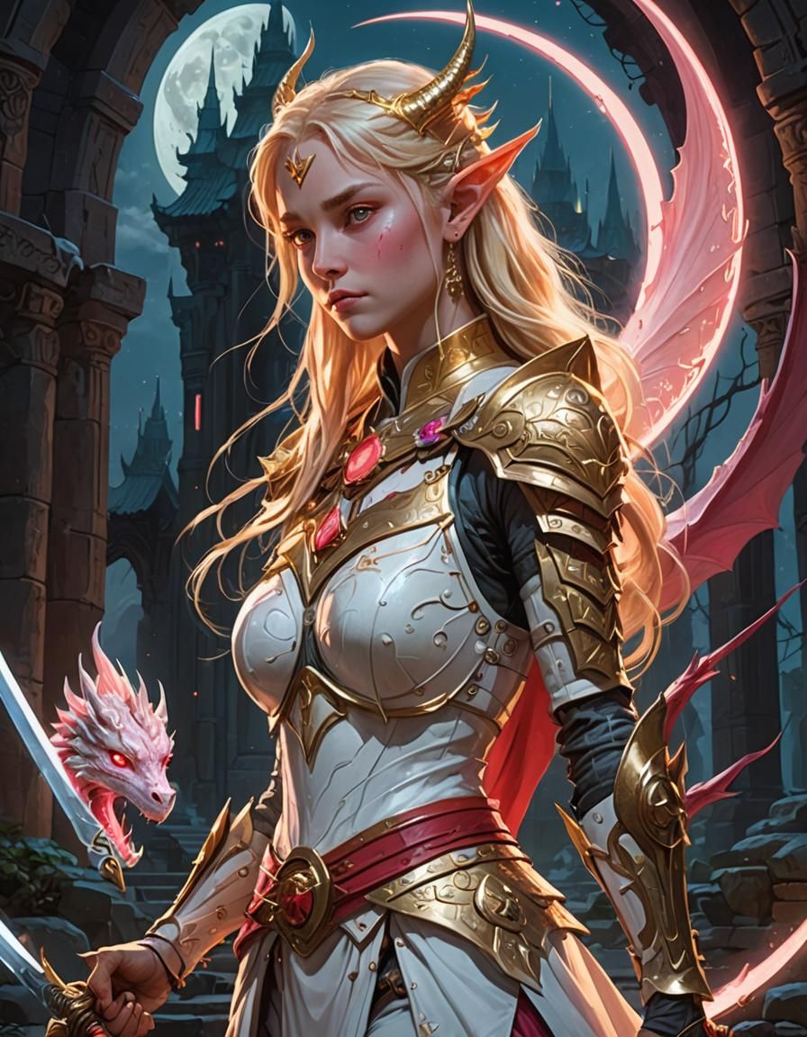 Elven Goddess with Dragon in Mystical Temple