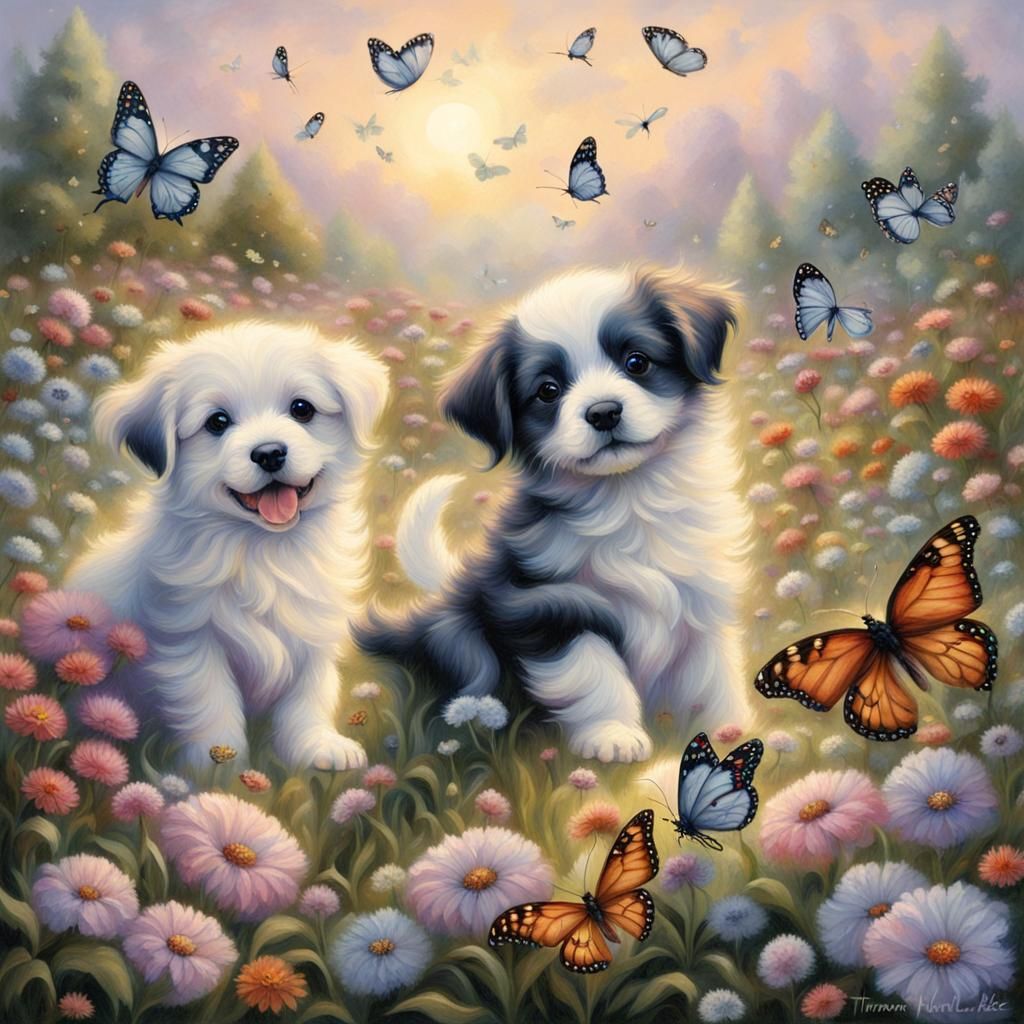Puppies Play in Flower Meadow: Ethereal Fantasy Art