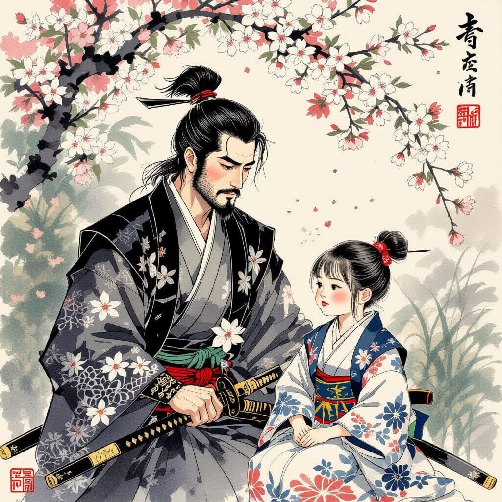 Samurai and Son Reunion: Japanese Ukiyo-e Garden Scene