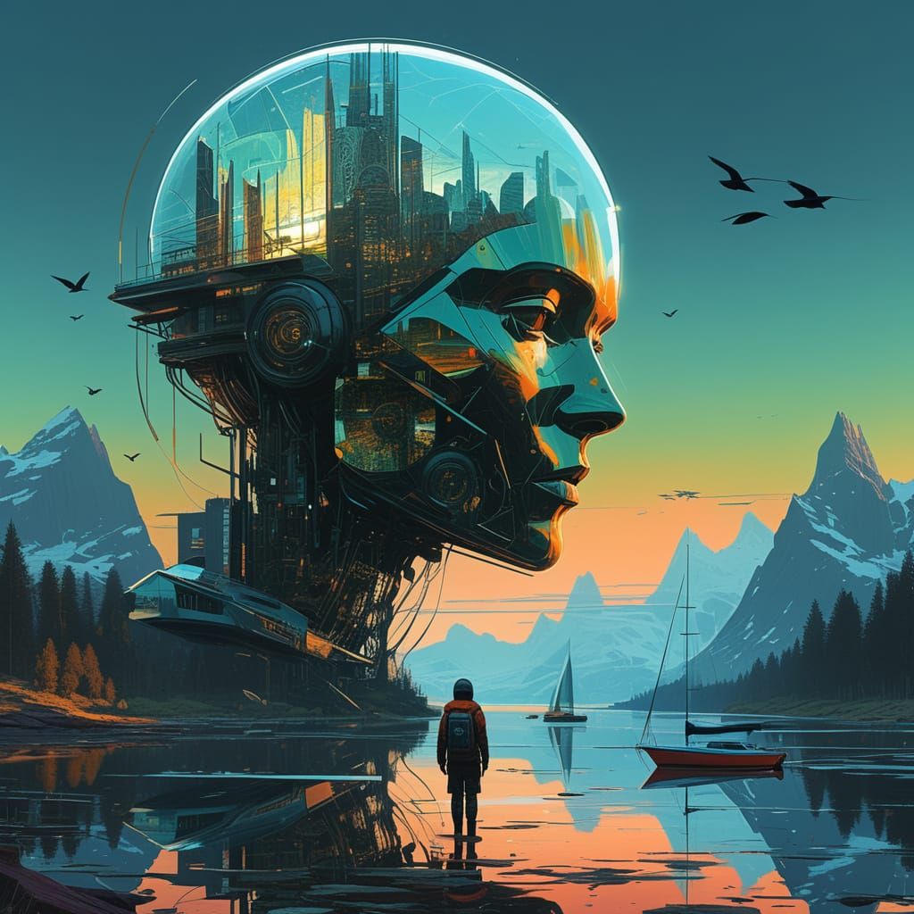 Fractal Humanoid amidst Futuristic Metropolis