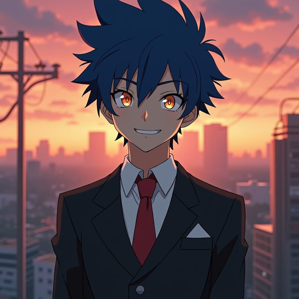 Anime Boy with Blue Hair in Tokyo Sunset