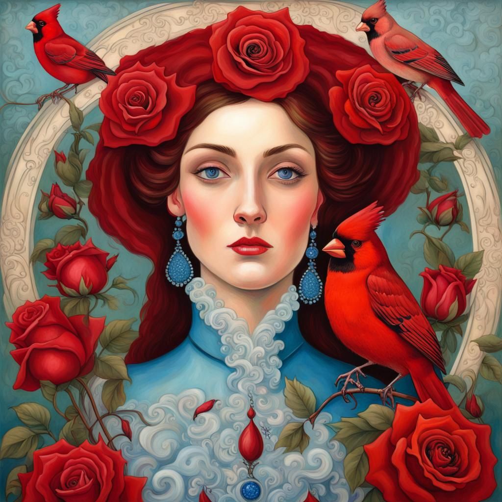 Cardinal, Roses, and Blue-Eyed Woman in Art Nouveau