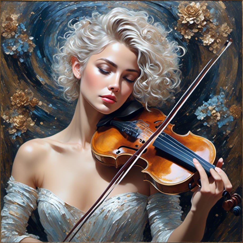 Beautiful Woman Playing Violin in Oil Painting Style