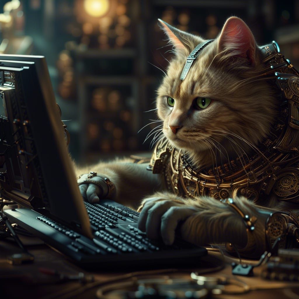 Fantasy Cat at Computer, Renaissance Style