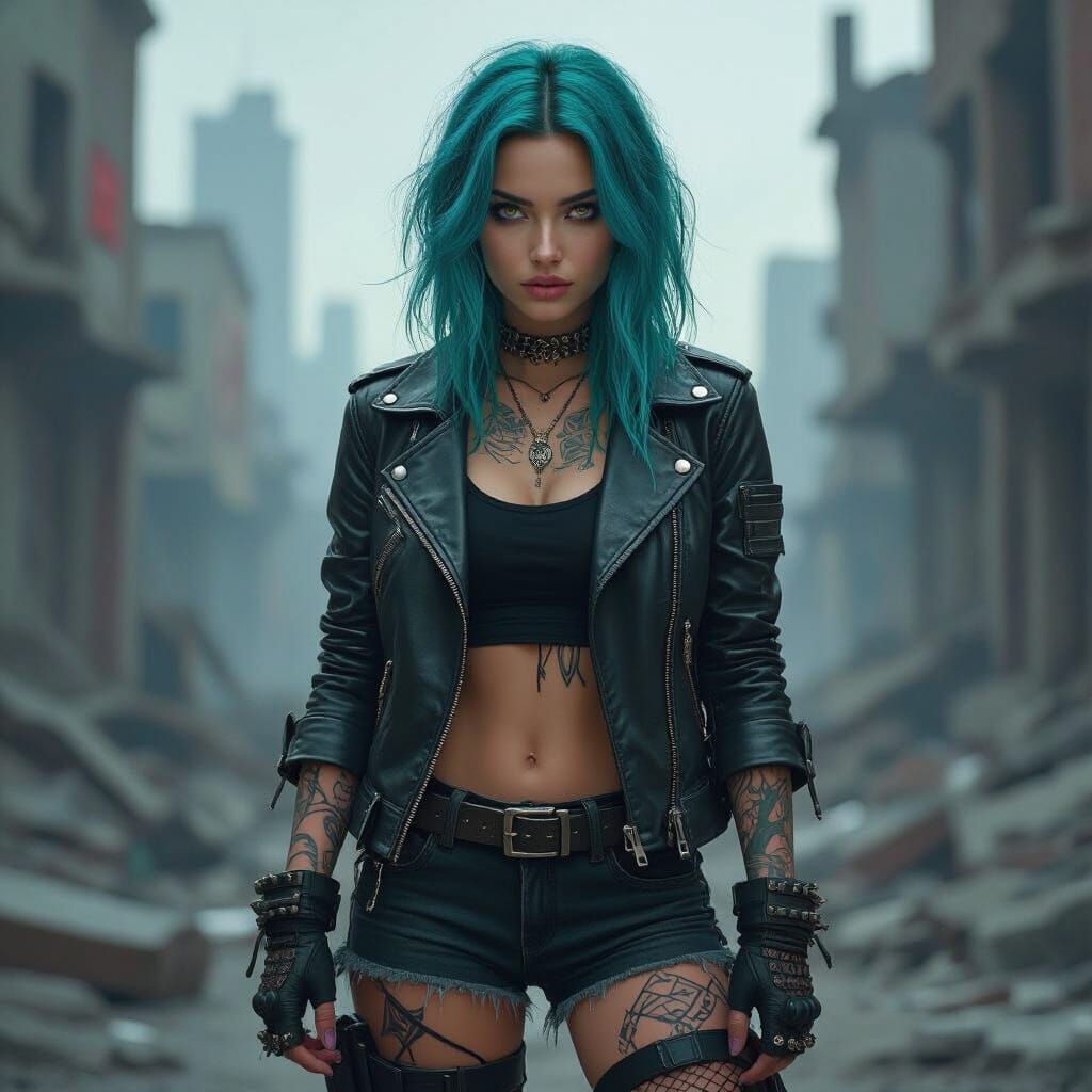 Post-Apocalyptic Teal-Haired Woman in Digital Painting Style