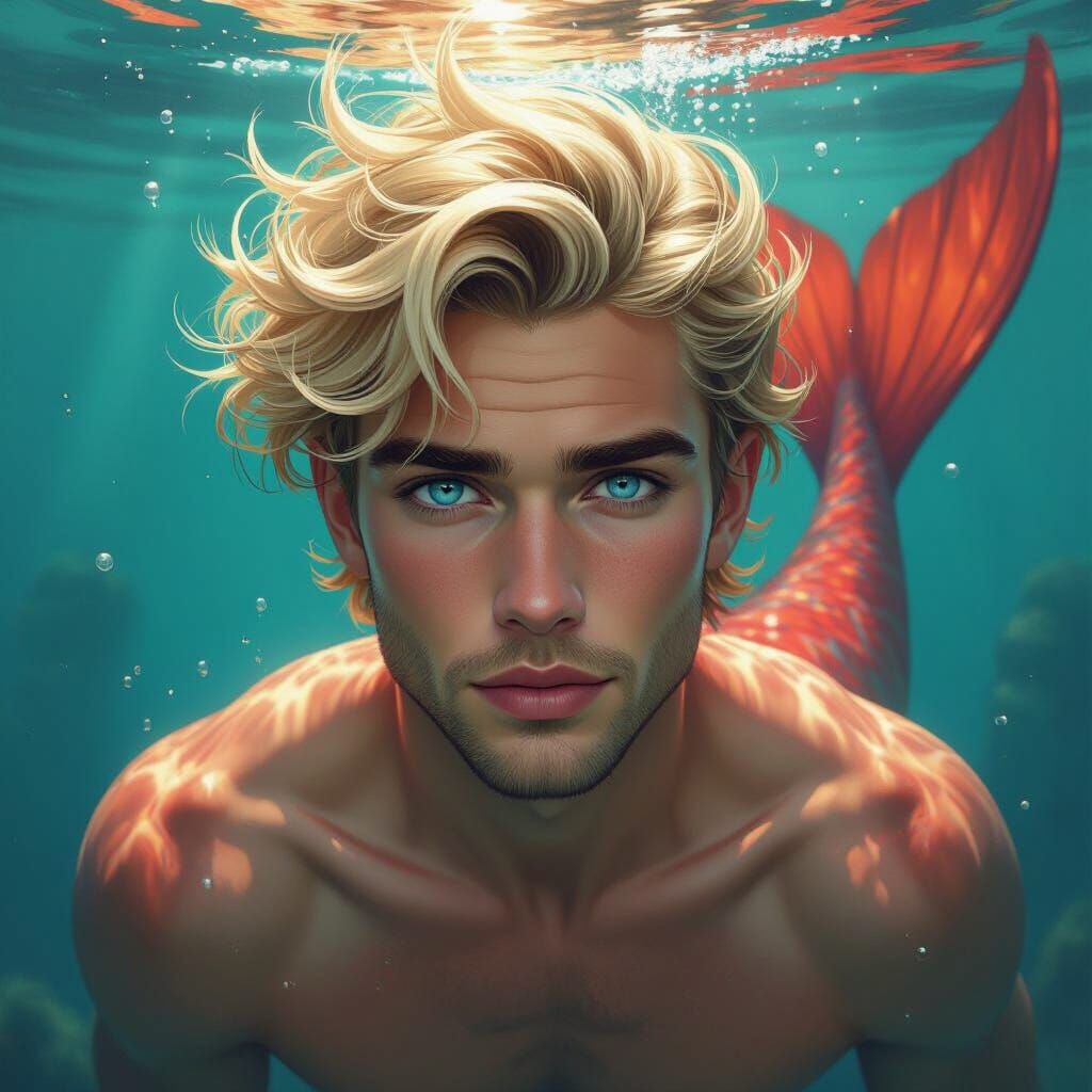 Merman with Red Tail in Painterly Style