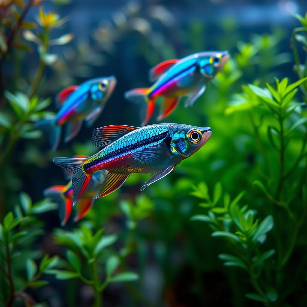 Neon Tetra Fish in Lush Aquarium: Digital Painting