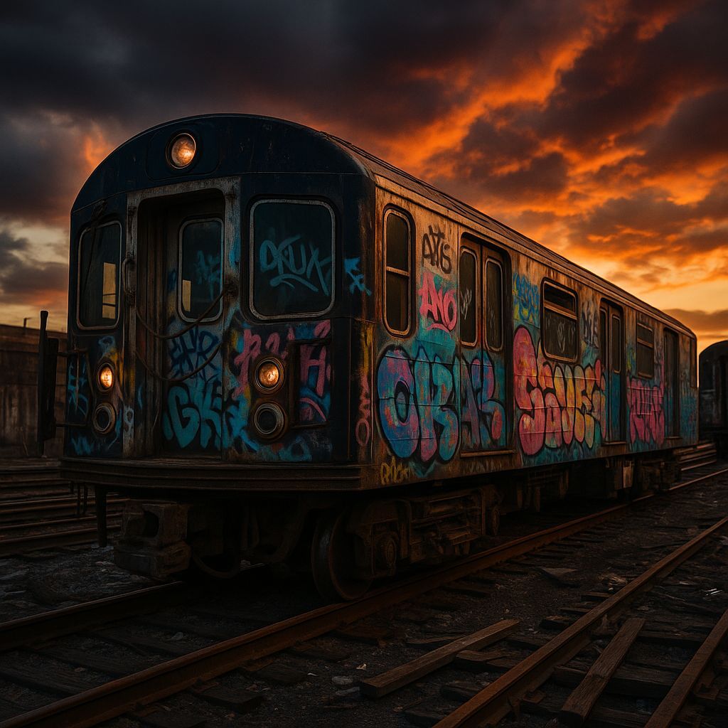 Abandoned Subway Car at Sunset with Graffiti