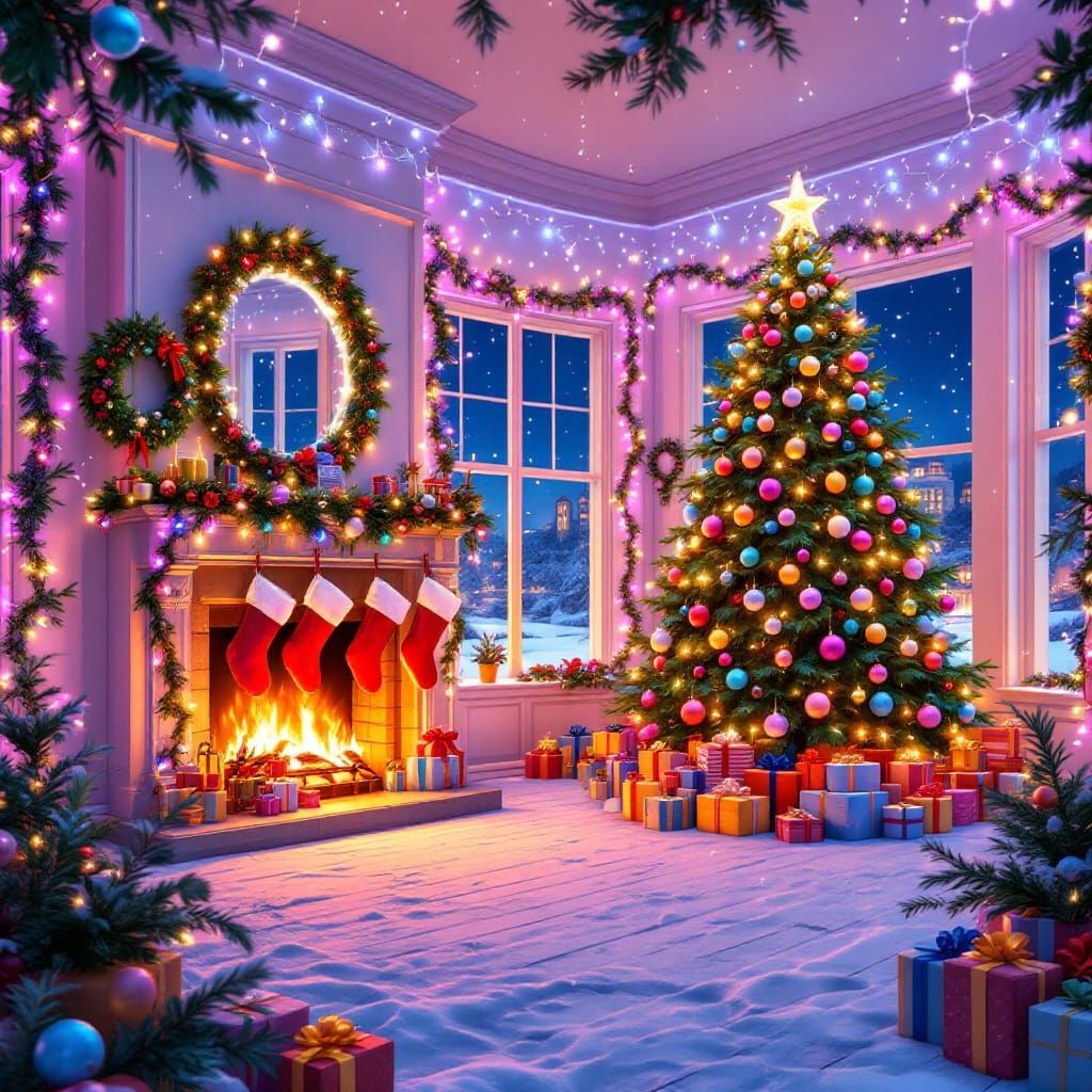 Winter Wonderland Living Room Decorated with Vibrant Holiday...
