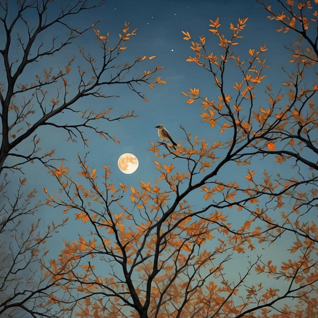 Autumn Tree and Bird in Impressionist Style