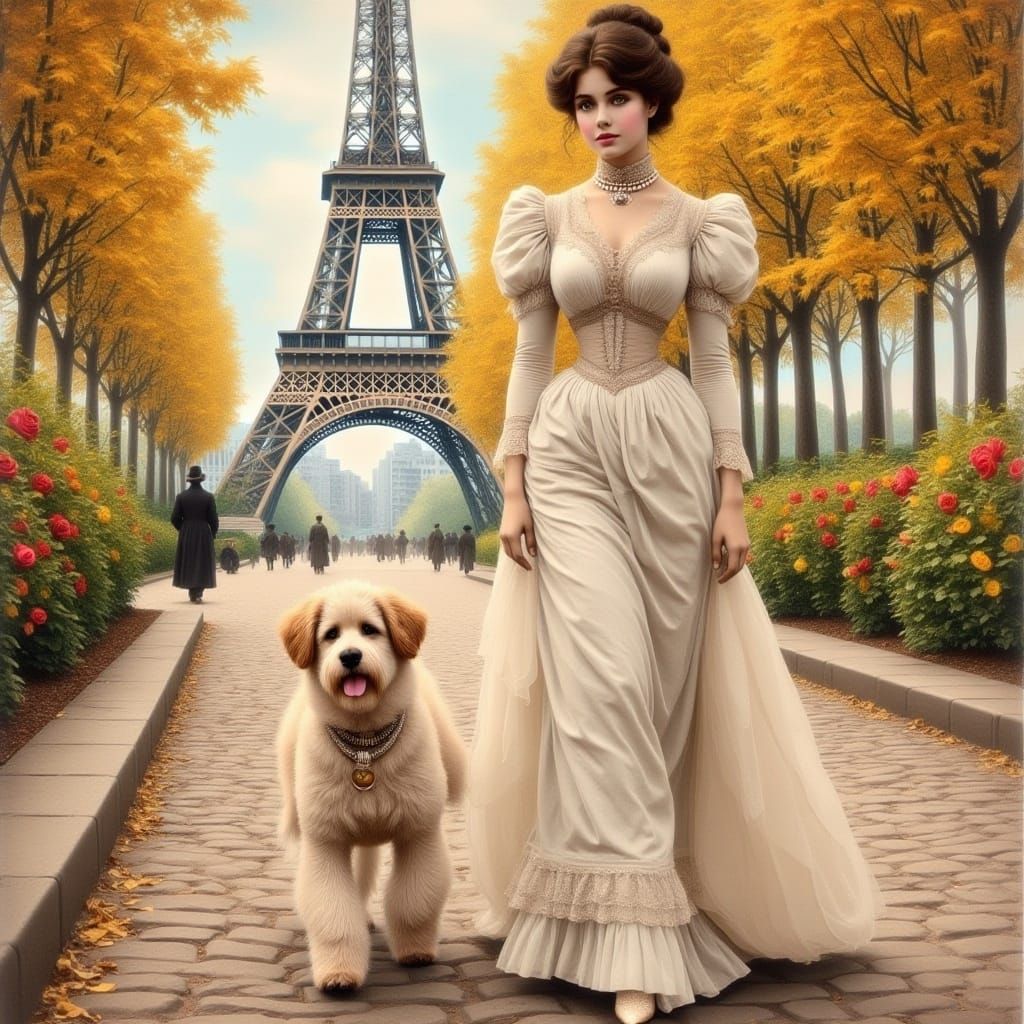 Victorian Woman with Poodle: Hyperrealistic Acrylic Painting