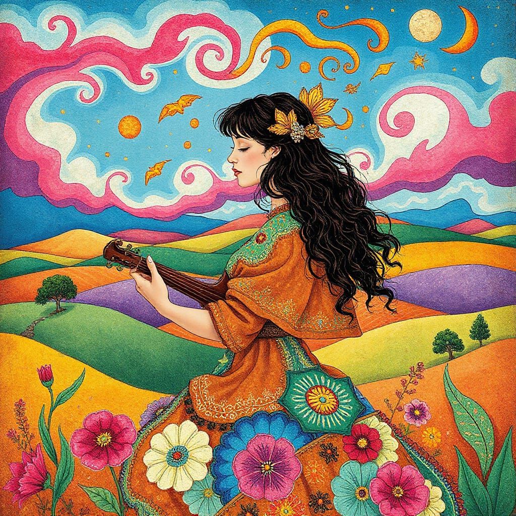 Whimsical Woman Singing in Psychedelic Landscape