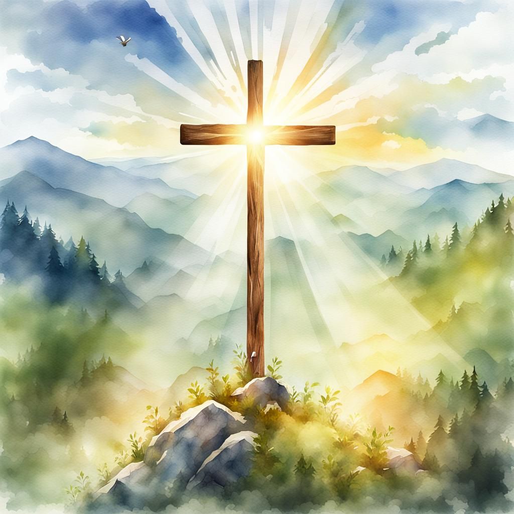 Sunlit Cross with Dove in Watercolor Style