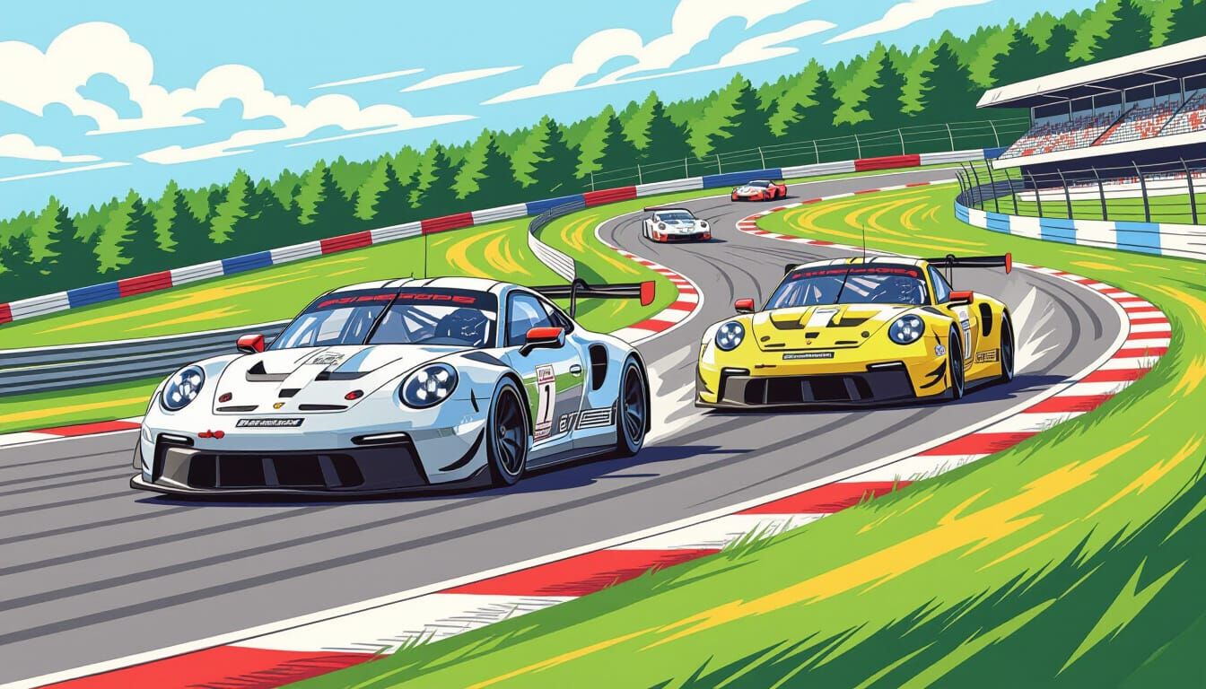 Porsche GT3 RS Race Cars on Spa Track in Comic Art Style