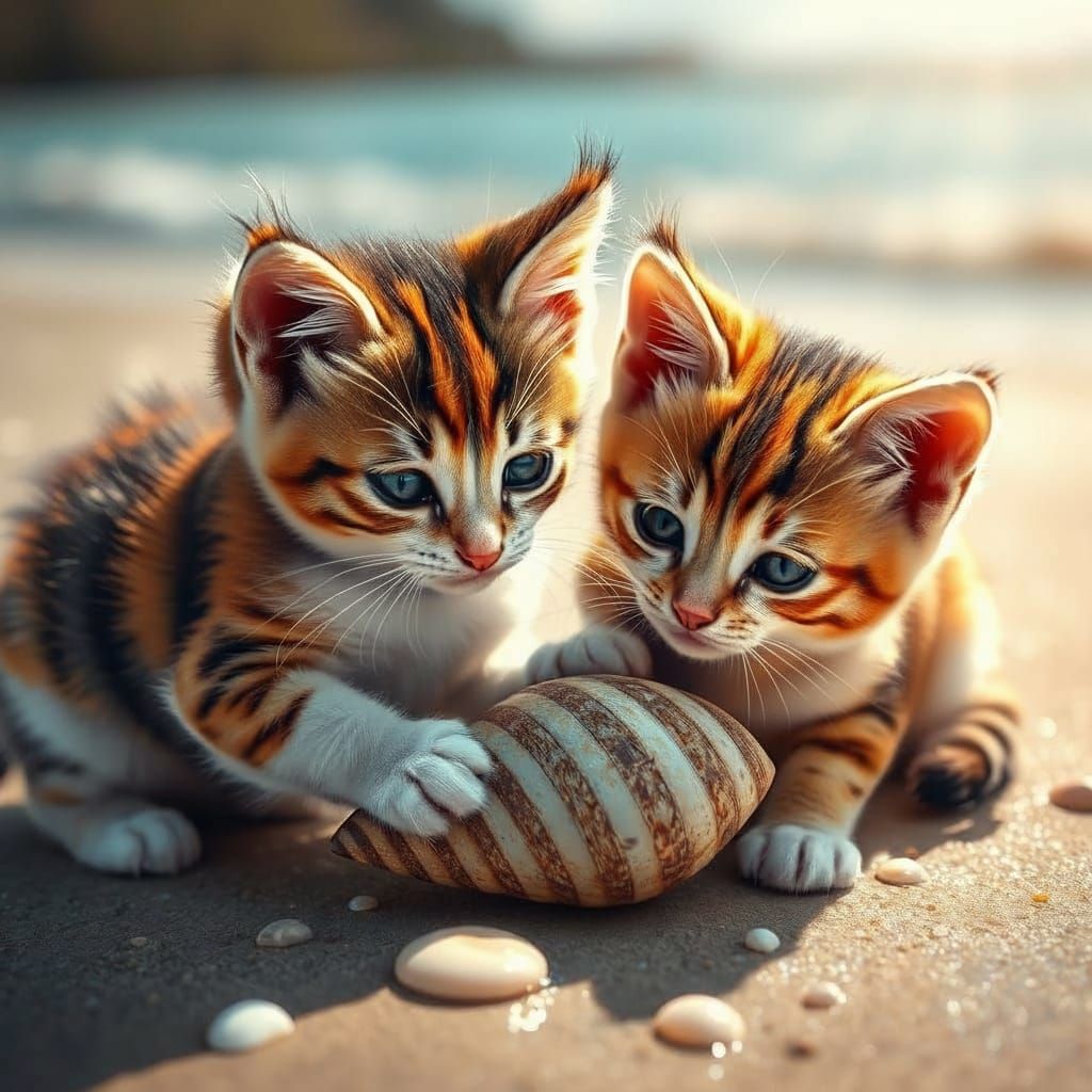 Calico Kittens Play on Beach in Hyperrealistic Splash Art