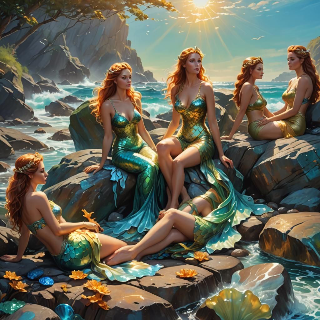 Nereids Sunbathing: Hyperrealistic Fantasy Concept Art