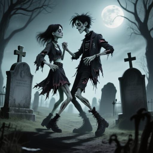 Emo Zombie Couple Dancing in Moonlit Cemetery