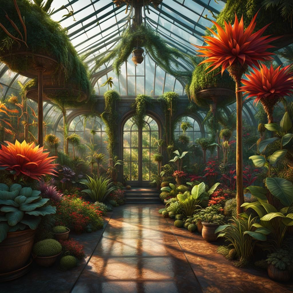 Lush Greenhouse with Vibrant Exotic Plants