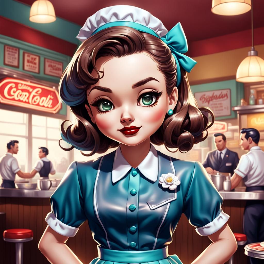 Chibi 1950s Waitress in Hyperrealistic Digital Art