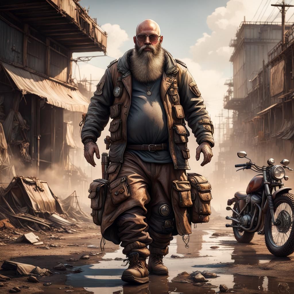 Post-Apocalyptic Rider on Motorcycle: Detailed Matte Paintin...